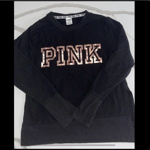 Victoria’s Secret PINK Black Crewneck Long Sleeve with Rose Gold Print, Size L